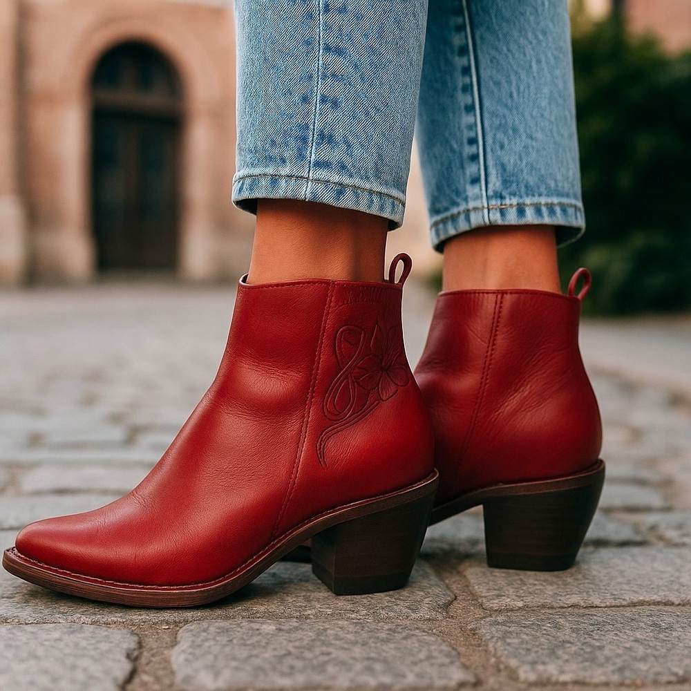 Elegant Red Leather Ankle Boots